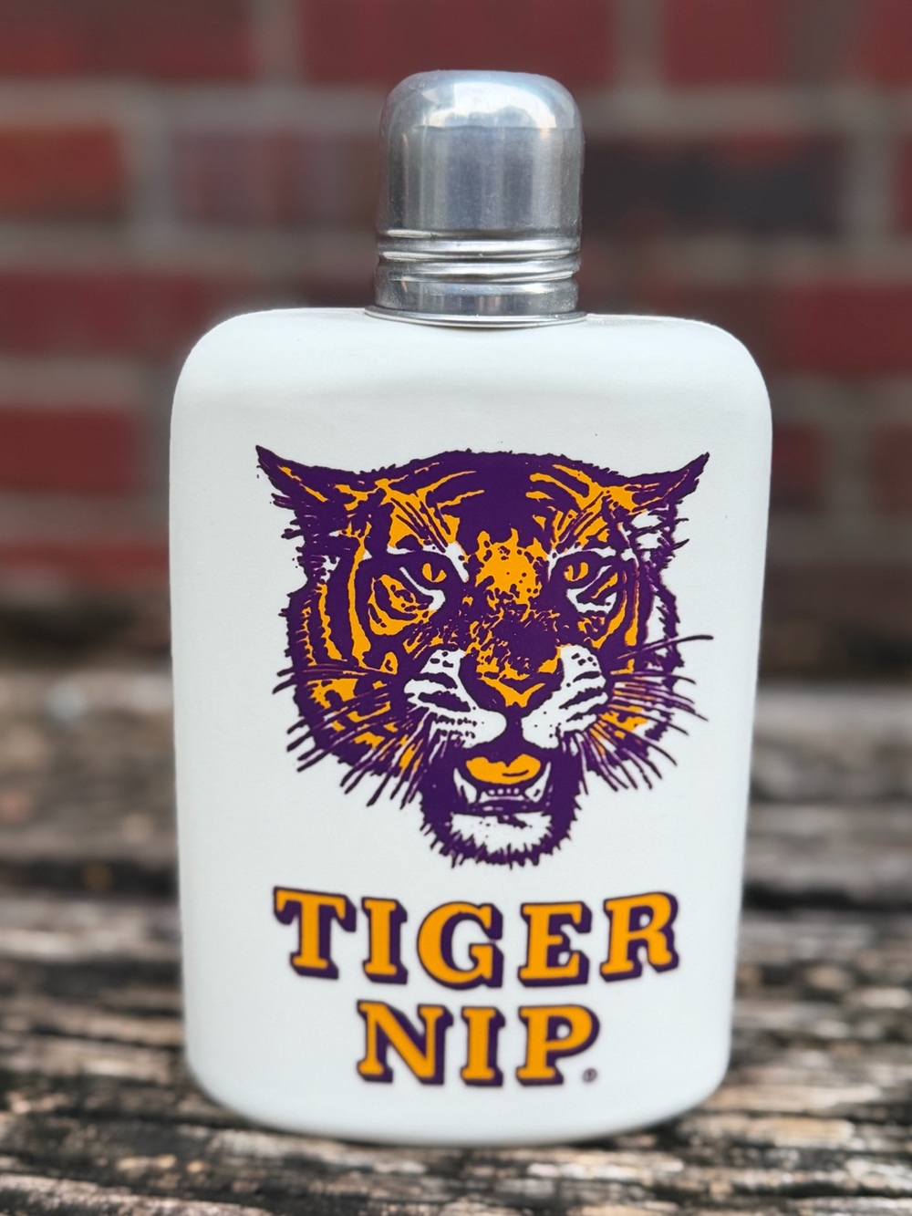 Vintage LSU Tigers “Tiger Nip” White Plastic Flask Purple Gold Tiger Graphic P6